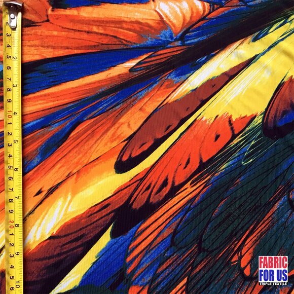 Big Wing Feathers Gold & Blue Print Design Stretch Fabric 58" Wide - Picture 2 of 3